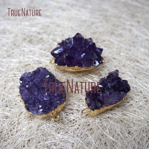 5Pcs Amethysts Cluster Connector Gold Electroplated Irregular Shape Connector Approx 32x25mm PC994