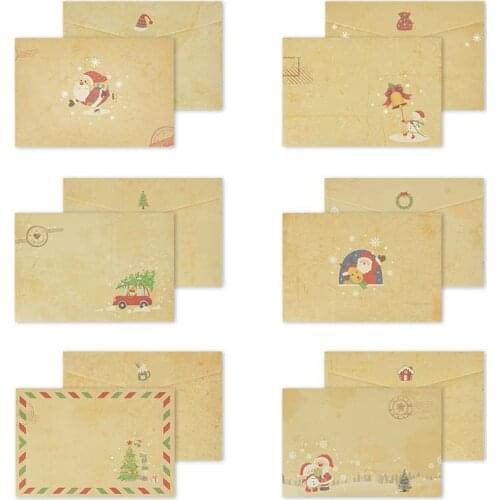 6Pcs Kraft Paper Christmas Card Vintage Envelope Postcard Letter Writting Paper And Xmas Tree Stickers Chritmas Greeting Cards