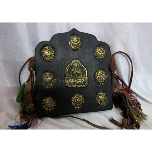 9" China Tibet wood inlay bronze gild Eight treasures Medicine Buddha Statue