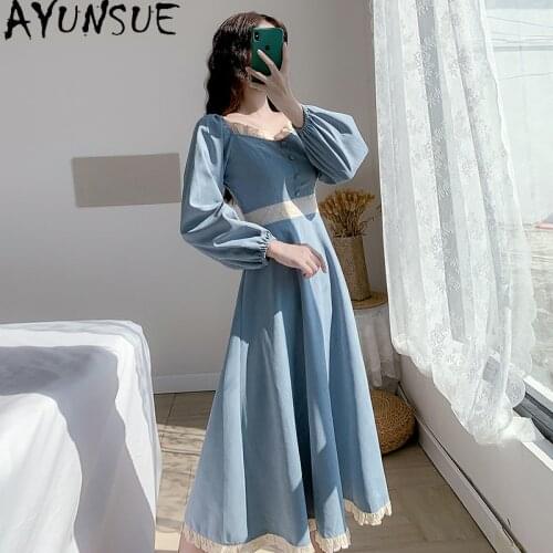 AYUNSUE Korean Fashion Spring Summer Dress 2021 Elegant Midi Dresses for Women Blue Long Sleeve Dress Female Vestido De Mujer