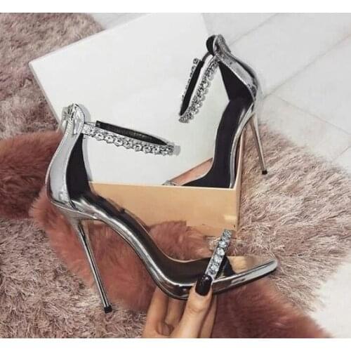 Summer Black Sliver Bling Bling Diamonds Crystal Simple Sandals Woman Stripes Stiletto Heel Party High Heel Sandals Shoes