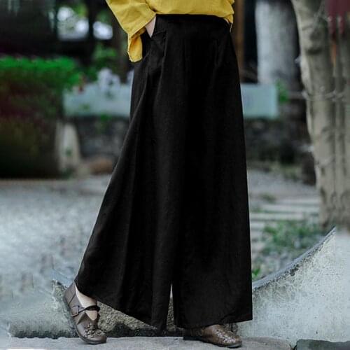 5XL ZANZEA Vintage Women Pants 2021 Summer Elastic Waist Pant Casual Solid Wide Leg Pants Ladies Cotton Pockets Bottom Plus Size
