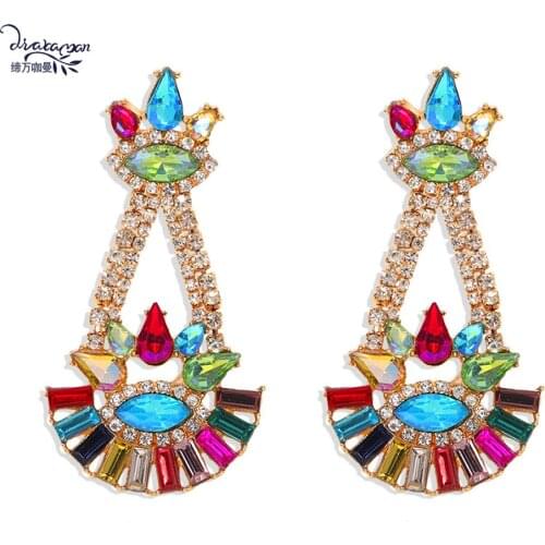Dvacaman Colorful Crystal Wedding Bridal Statement Earrings Baroque Rhinestone Pendant Drop Earrings Wholesale Jewelry Party INS