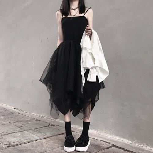 Gothic Harujuku Mesh Irregular Fashion Spaghetti Strap Black Dress Korean Summer Women Japanese Ulzzang One-Piece Female Dresses
