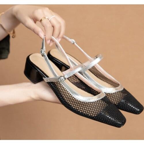 Summer Sexy Women Pumps Pointed toe High Heels Hollow Out Mesh cloth Sandals Dress Shoes OL office Square heel mujer Ladies Shoe