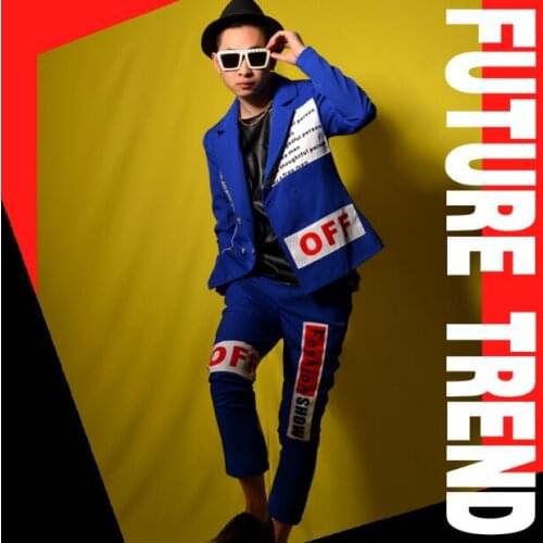 M-6XL!!Nightclub male singer DSDJs blue collage suit comes with big-name bar costumes and stage accessories