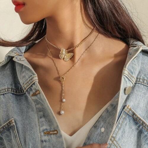 Fashion Double-layer Butterfly Knotted Pearl Pendant Necklace for Women Simple Exaggerated Gold Color Chain Necklace Jewelry