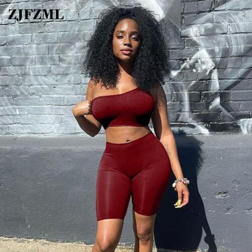 Solid Asymmetrical 2 Two Piece Sets Women Tracksuit Crop Tops+Elastic Bike Shorts Sporty Matching Suits Casual Female Outfit