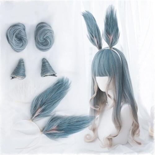 Lolita Harajuku Wig Gradient Blue Mixed Color Cosplay Horns Buns Bunny Ears Sweet Curly Harajuku Long Synthetic Hair Adult Girls
