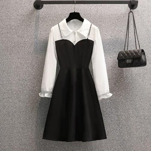 4XL Plus Size Office Ladies Elegant Long Sleeve Patchwork Dresses Autumn Black White High Waist A-Line Korean Casual Vestidos