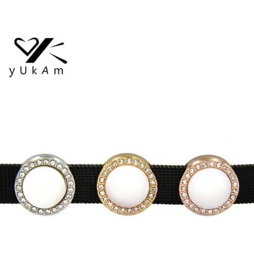 YUKAM Jewelry Pave White Crystal Mother of Pearl Disc Slide Charms for Stainless Steel Mesh Keeper Bracelets Accessories Making