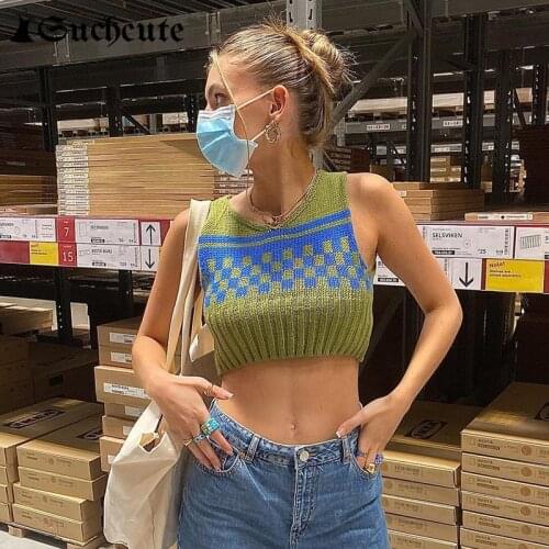 SUCHCUTE Vintage Printed Casual Y2K Tops Women Knitted Clothes Slim Sleeveless Harajuku Cropped Top Streetwear Tee Summer 2021