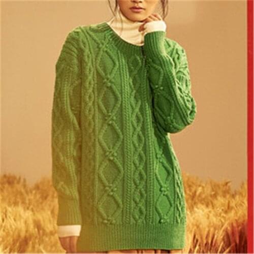 100% hand made pure wool Oneck twisted knit women fashion argyle solid H-straight pullover sweater one&over size