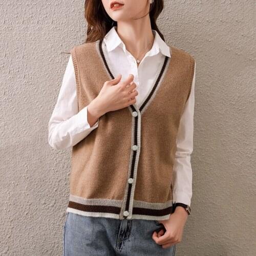 Ms Color-blocking wool knitted cardigan vest sleeveless jacket sweater 2021 spring new V-neck loose short simple cashmere vest