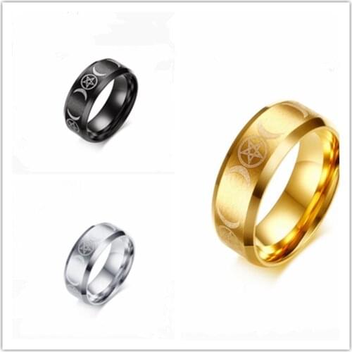 Mens Triple Goddess Pentacle Ring for Men Stainless Steel Crescent Moon and Pentagram Jewelry Gold Wicca Witchcraft Rin