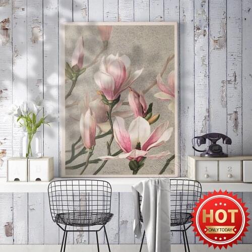Vintage Art Chinese Style, Canvas Painting Magnolia Flower Beautiful Plant Poster Modern Watercolor, Living Room Home Decro