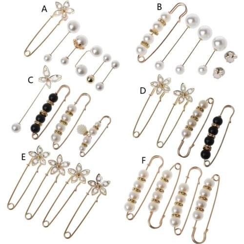 Sweater Shawl Clip Double Faux Pearl Brooches Shirt Pin Buttons Pearl Crystal Waist Pants Extender Safety Pins for Women C1FE