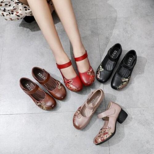 2021 autumn New ethnic style Genuine Leather shoes soft soles thick heel single shoes handmade Women shoes comfortable dancing s