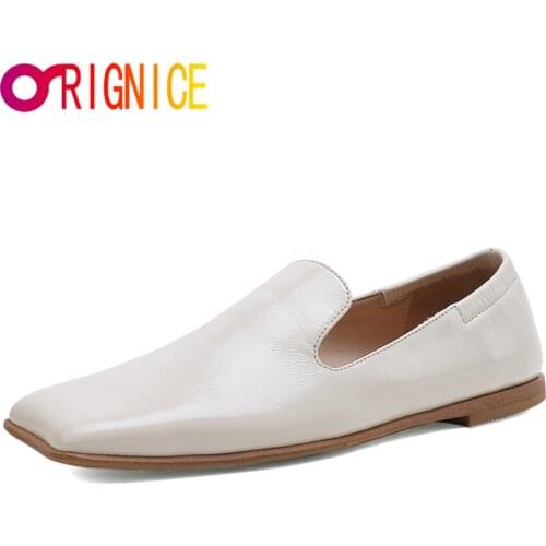 Orignice Concise New Genuine Leather Comfortable Flats Women Yellow Beige Loafers Square Toe Slip On Boat Shoes Plus Size 34-43