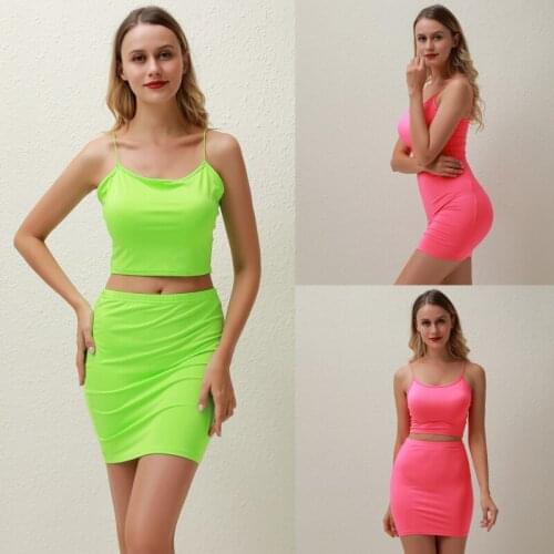 Neon Green Backless Dress Two Piece Set Club Outfit Women Spaghetti Strap Crop Top And Mini Skirt Sexy Summer