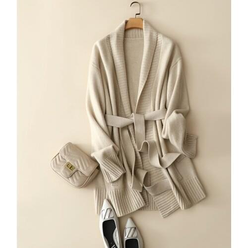 2021 winter new styles cashmere wool thick cardigan coat with belt womens knitted oversized casual warm outerwear