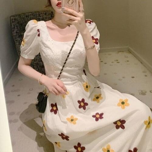Embroidery Floral Dress Casual Women 2021 Summer School Style Hollow Out Lace Short Puff Sleeve Flowers Maxi Dresses for Women