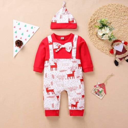 Christmas theme one-piece suit hat round neck long sleeve bow tie elk one-piece pants red suitable for 0-18 month old baby boys
