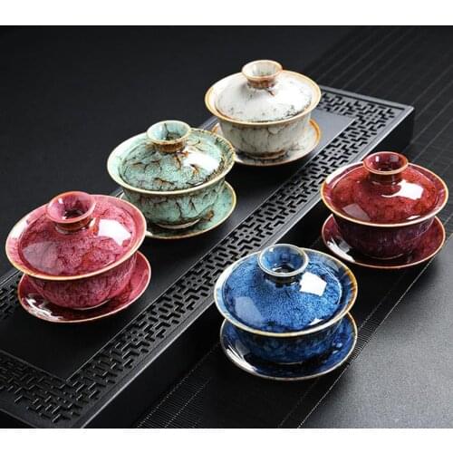 170ml Gaiwan Ceramic Pigmented Tea Bowl Saucer Lid Set Master Cup Tea Tureen Container Tieguanyin Holder Teaware Drinkware Gifts