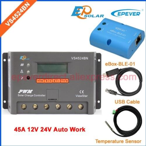 45A 12V 24V Auto Work PWM controller for solar panels system home VS4524BN USB cable connector and Temp sensor BLE BOX