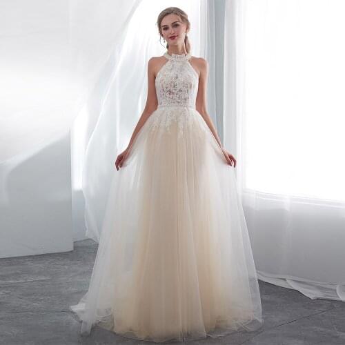 Alagirls Elegant Lace Light Champange Wedding Dresses 2020 Pearls O Neck Wedding Gown vestido de noiva Chiffon Bridal Dress