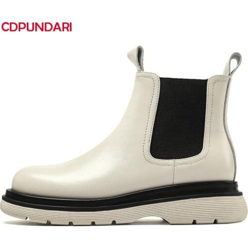 Ladies Black Genuine Leather Low heels Platform Ankle Boots For Women Autumn Winter Chelsea Short Boots Shoes Bottes Plateforme