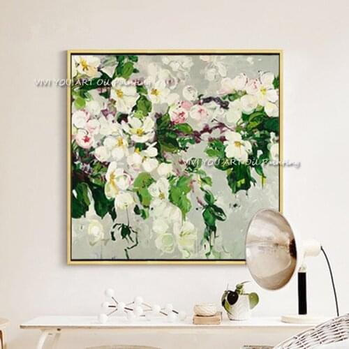 Pure Hand-painted High Quality Abstract Light White Green Flowers Oil Painting on Canvas Water Style Abstract Paintings Wall Art