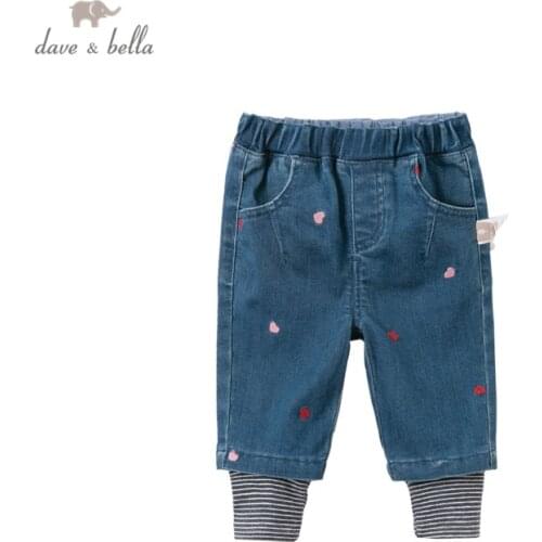 DBM14523 dave bella autumn baby girls fashion embroidery pockets pants children full length kids pants infant toddler trousers