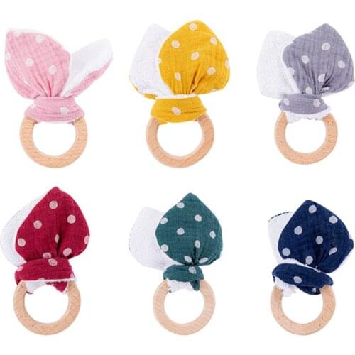 New Baby Wooden Teether Wooden Ring Cotton Rabbit Ears Hand Teething Rattles Chew Play Comfort Toys Baby Teether