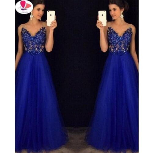 Elegant Royal Blue Scoop Lace Sqeuined Long Dresses For Wedding Party Summer Prom Evening Gowns Maxi Dresses Vestidos