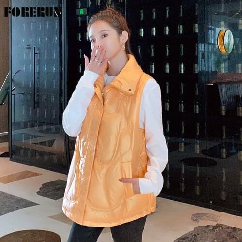 FORERUN 2021 Winter Womens Vest Shiny Solid Stand Collar Short Windproof Korean Fashion Sleeveless Puffer Vest Dropshipping