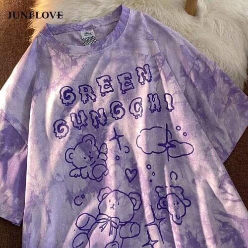 Cotton Cute Bear Tshirt Streetwear Summer Oversized T Shirt Women Harajuku Short Sleeves Tops Tee Hip Hop Tie Dyed Tshirt Funny