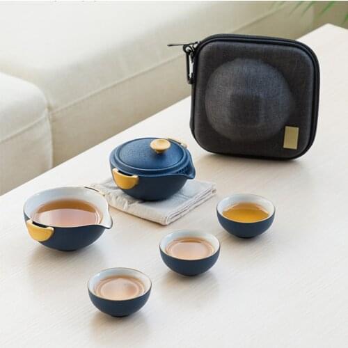 LUWU ceramic teapots with 3 cups blue portable travel tea sets drinkware