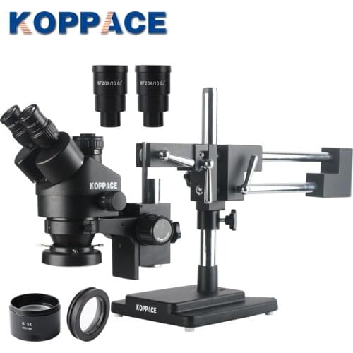 KOPPACE 3.5X-90X Black Industrial Stereo Microscope 0.5XCTV Trinocular Stereo Mobile Phone Repair Microscope Dual arm Bracket