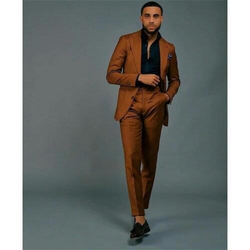 Brown Mens Wedding Tuxedos Slim Fit Grromsmen Groom Coat Suits Plus Size Prom Party Blazer Jacket (Jacket+Pants)
