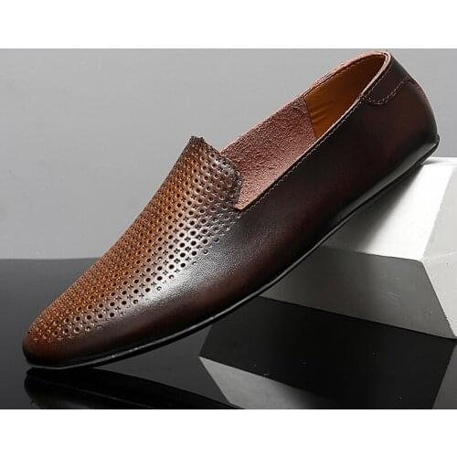 Men Shoes Summer New Fashion Leather Mens Business Formal Shoes breathable Hollow Out Soft Mens Slip on Flat Dress Shoes
