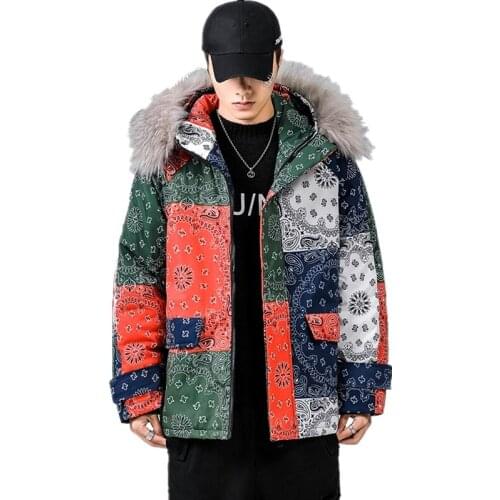 Hip-Hop Style Men Winter Hooded Coat Casual Fashion Flower Jacket Comfortable and Warm Overcoat Multicolor Black Outerwear