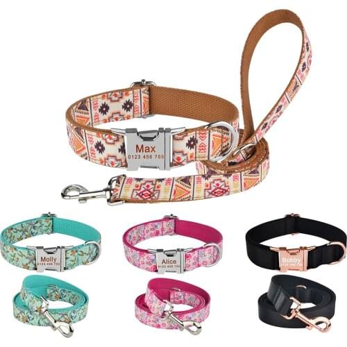 Custom Engraved Name ID Tag Nylon Dogs Collar Products Pet Collar Small Large Personalized Dog Collars Fashion Collar Leash Set
