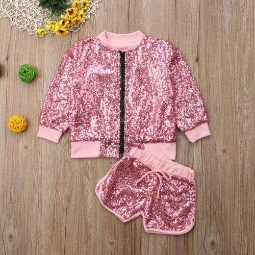 Fashion Two Piece Sets Toddler Kids Girls Clothing Long Sleeve Sequins Zipper Jacket Tops+Shorts Sets Children Clothes