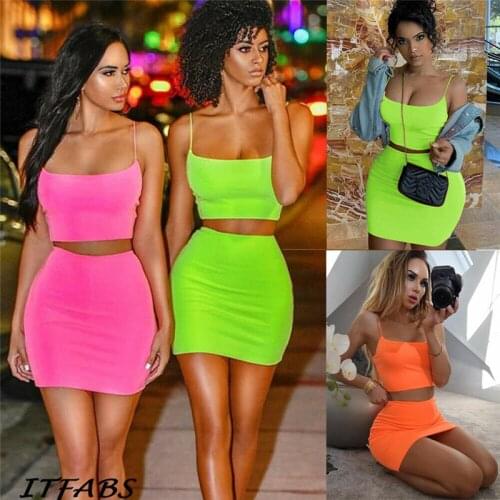 Sexy Women Sets 2Pcs Summer Fashion Ladies Solid Sling Croped Tops Camis Hihg Waist Mini Pencil Skirts Clubwear Women Outfits