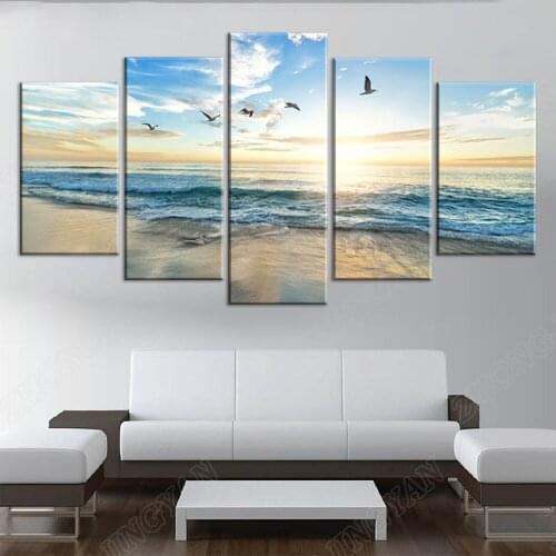 Canvas HD Prints Poster Home Decor 5 Pieces Sea Wave Beach Seagull Birds Paintings Modular Wall Art Seascape Pictures Framework