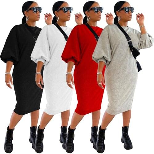 Echoine Autumn Casual Loose Midi Hoodies Dress Lantern Sleeve Sports Dresses Solid O-neck Gray White Vintage Vestidos Streetwear