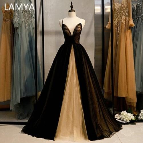 LAMYA Simple Black Evening Dresses Sexy Sling Formal Gown V Neck Floor Length Plus Size Ruched Robe De Soiree