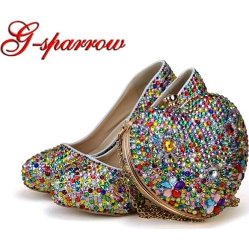 Small Rhinestone Mix Color High Heel Party Shoes with Heart Shape Bag Wedding Bridal Shoes Adult Ceremony Shoes with Clutch Bag