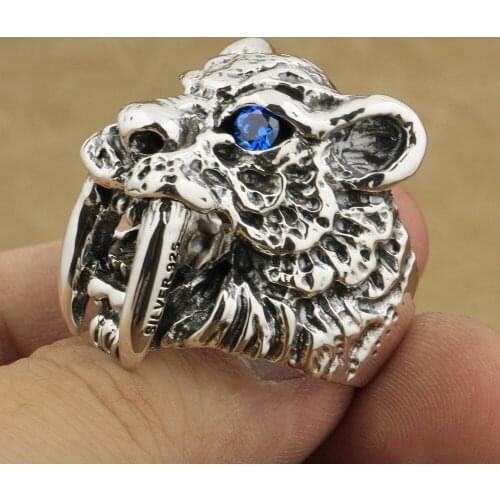 Blue CZ Eye Sabretooth Ring 925 Sterling Silver Mens Biker Rock Punk Tiger Ring TA16 US Size 7~15